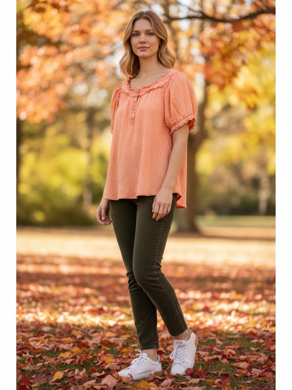 Easel Sm Coral Puff Sleeve Blouse